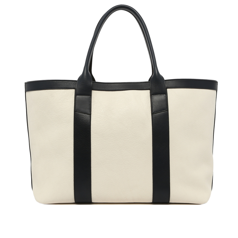 Large Working Tote - Marshmallow/Navy - Tumbled Leather in 