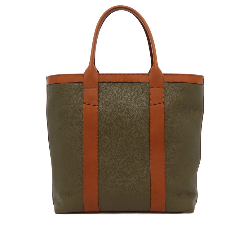 Tall Tote - Light Military/Cognac - Taurillon Leather - True Brown Interior - Zipper Closure in 