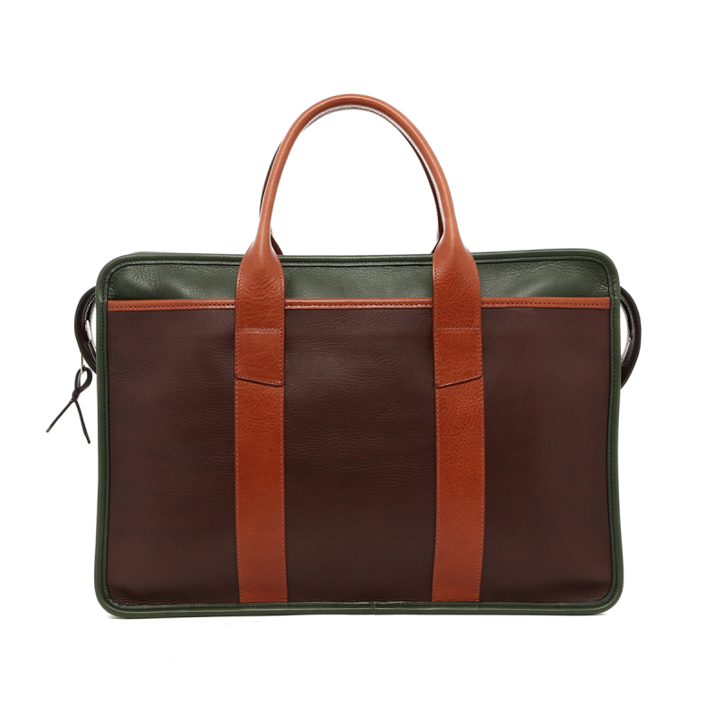 Bound Edge Zip-Top - Chocolate/Cognac/Green - Tumbled Leather in 