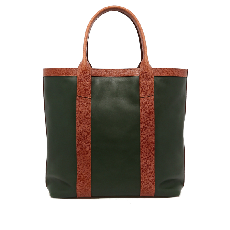 Tall Tote - Green/Cognac Scotch Grain Trim - Tumbled Leather in 