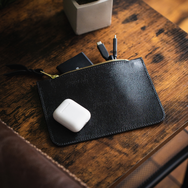 Small Leather Pouch - Glossy Black - Fine Grain Printed Leather in 