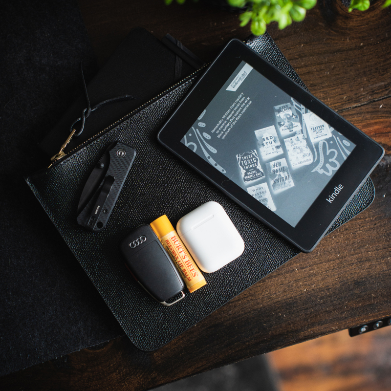 Medium Leather Pouch - Black - Fine Grain Printed Leather in 