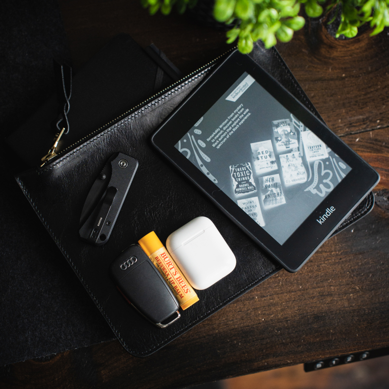 Medium Leather Pouch - Glossy Black - Smooth Tumbled Leather  in 