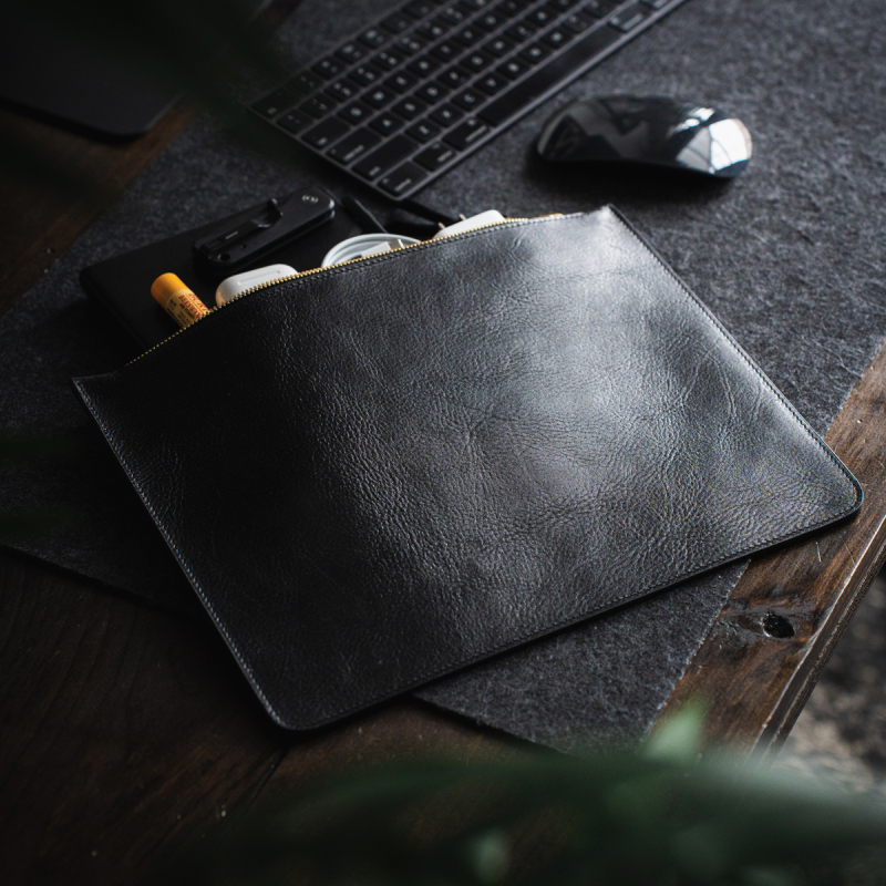 Large Leather Pouch - Glossy Black - Smooth Tumbled Leather  in 