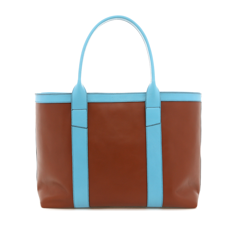 Large Working Tote - Leather Brown/Blue Mist - Smooth Leather - Mediterranean Blue Tweed  in 