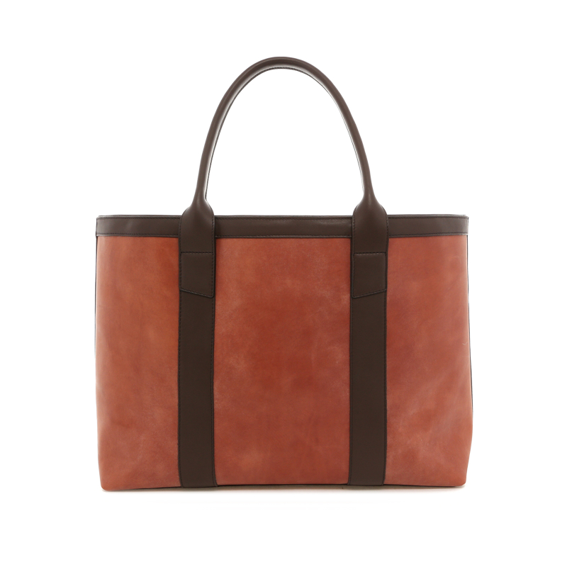 Large Working Tote - Unbrinished Cedar Wood/Chocolate - Smooth Leather  - Mediterranean Blue Tweed  in 