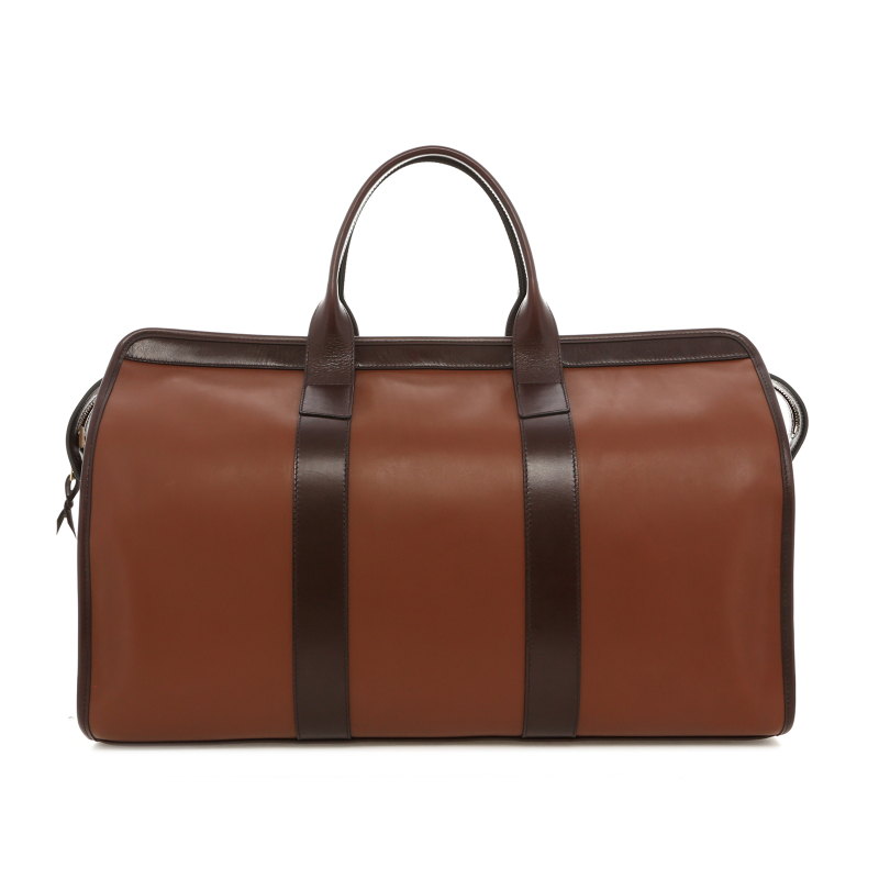 Signature Travel Duffle - Rustic Brown/Dark Glazed Burgundy - Smooth Leather - Mediterranean Blue Tweed Sunbrella 
 in 