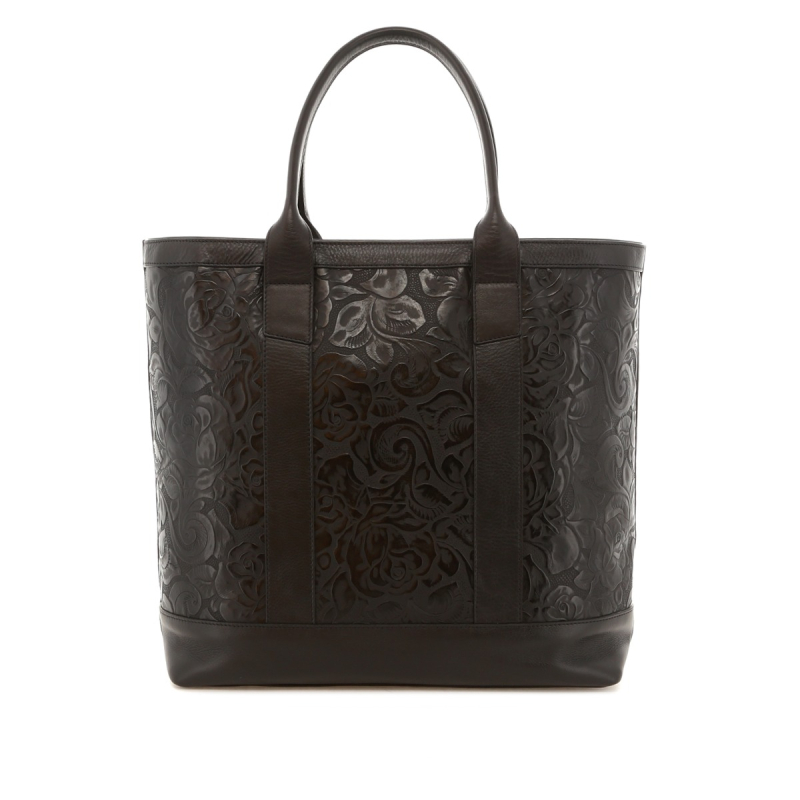 Tall Tote - Black Stamped Tooled Leather - Zipper Closure - Turquoise Sunbrella
 in 