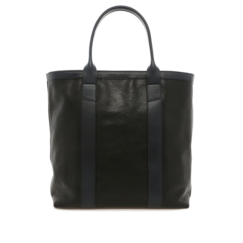 Tall Tote - Black/Navy - Pebbled Leather  - Zipper Closure - Mediterranean Blue Tweed
 in 