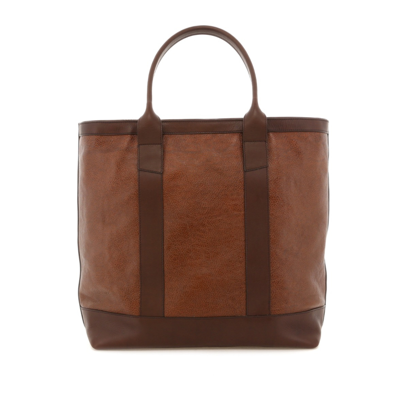 Tall Tote - Glazed Root Beer/Chocolate - Glazed  Pebbled Leather  - Zipper Closure - Sunflower Sunbrella
 in 
