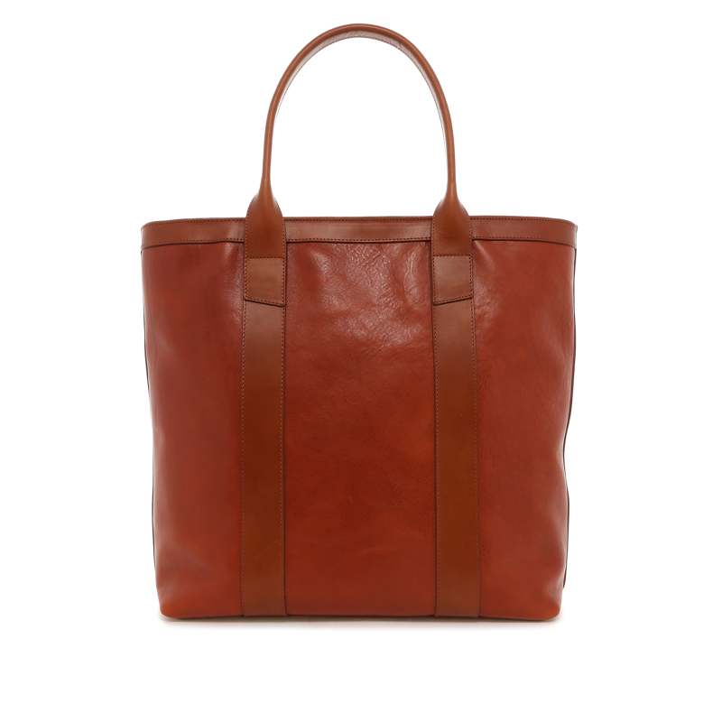 Tall Tote - Potters Clay/Cognac  - Pebbled Leather  - Zipper Closure - Turquoise Sunbrella 
 in 
