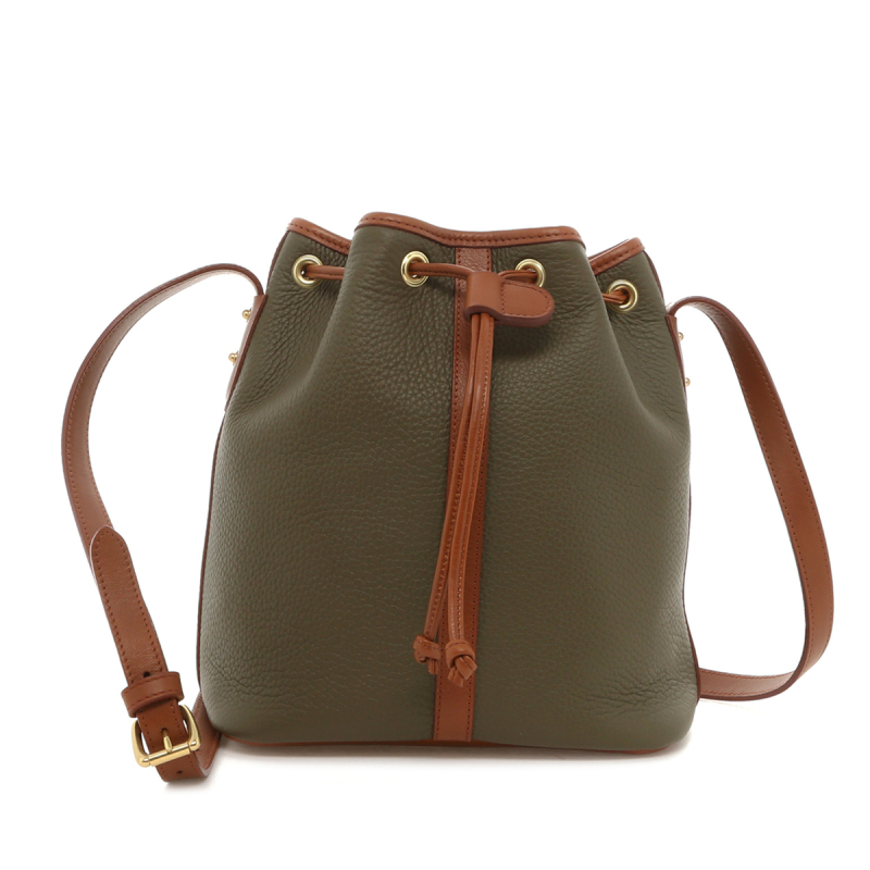 Bucket Bag - Light Military/Cognac - Taurillon Leather - Linen Tweed Sunbrella  in 