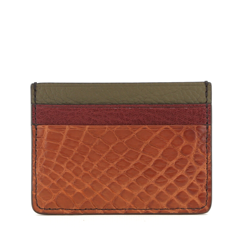 Double Card Case - Cigar-Bordeaux Goat-Forest Lagun - Alligator in 