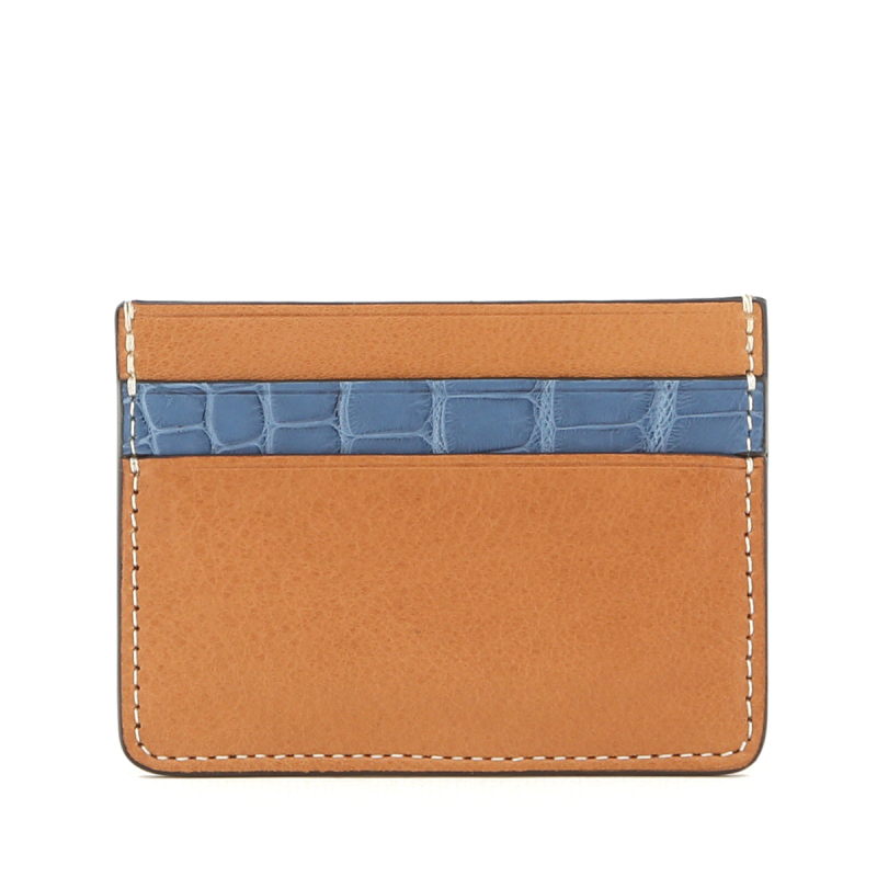 Double Card Case - Saddle Tumbled - Denim  Alligator in 