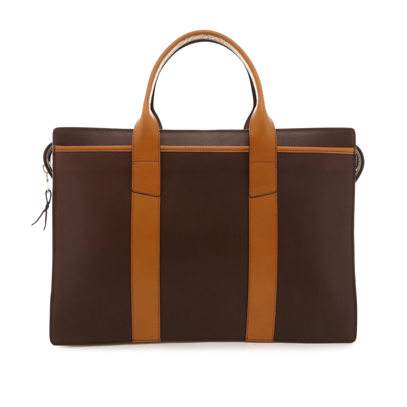 Double Zip-Top Briefcase - Chocolate/Ochre - Belting Leather  in 