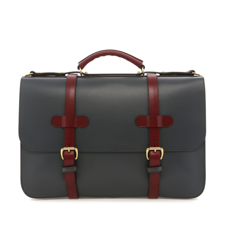English Briefcase - BattleShip Grey/ Maroon - Harness Belting - Unlined in 