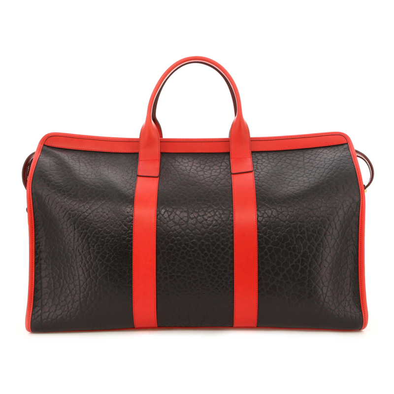 Compass Duffle - Black Shrunken/ Red Harness Belting Leather - Linen Tweed Sunbrella in 