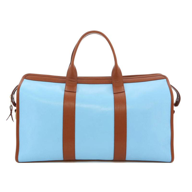 Signature Travel Duffle - Sky Blue/Cognac - Tumbled Leather - Capri Sunbrella in 