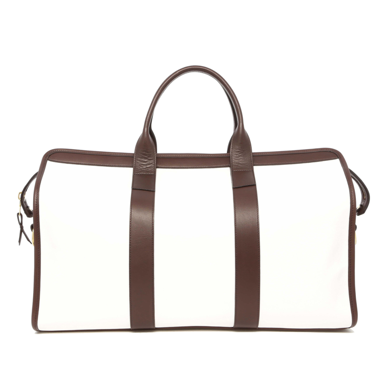 Signature Travel Duffle - White/Chocolate - Tumbled Leather - Captain Navy Sunbrella in 