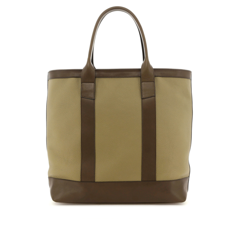 Tall Tote - Light Military/Olive - Taurillon Leather - Zipper Closure - True Brown Sunbrella in 