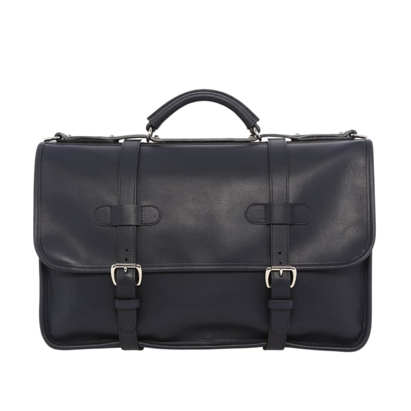 Bound Edge English Briefcase - Navy - Tumbled Leather - Silver Hardware - Sunbrella Lined in 