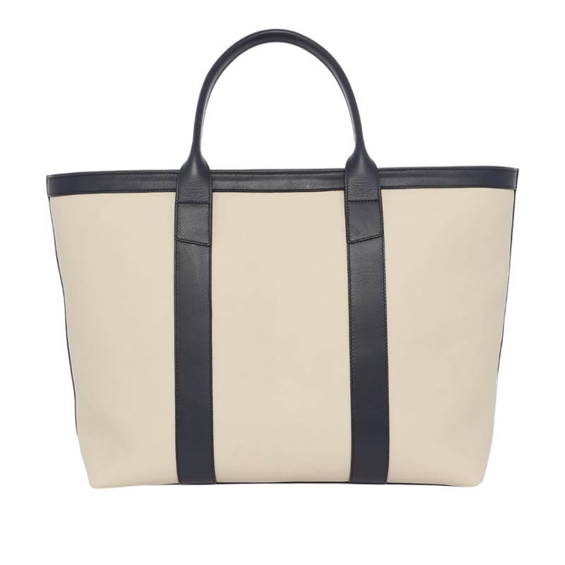 Signature Working Tote - Oatmeal/navy - Tumbled Leather - Zipper Closure - Ocean Blue Sunbrella in 