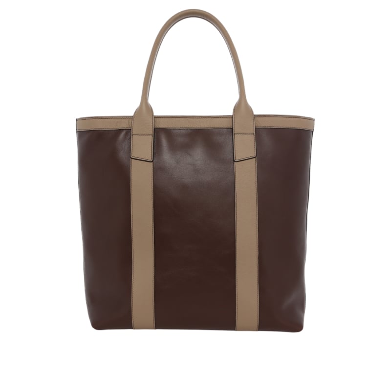 Tall Tote - Chocolate/Turtle Dove - Pebbled Leather - Zipper Closure - Linen Tweed Sunbrella in 