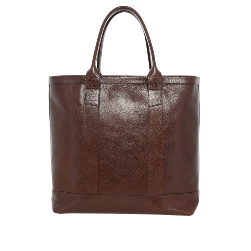 Tall Tote - Chocolate - Polished Pebbled Leather - Zipper Closure - Turquoise Sunbrella in 