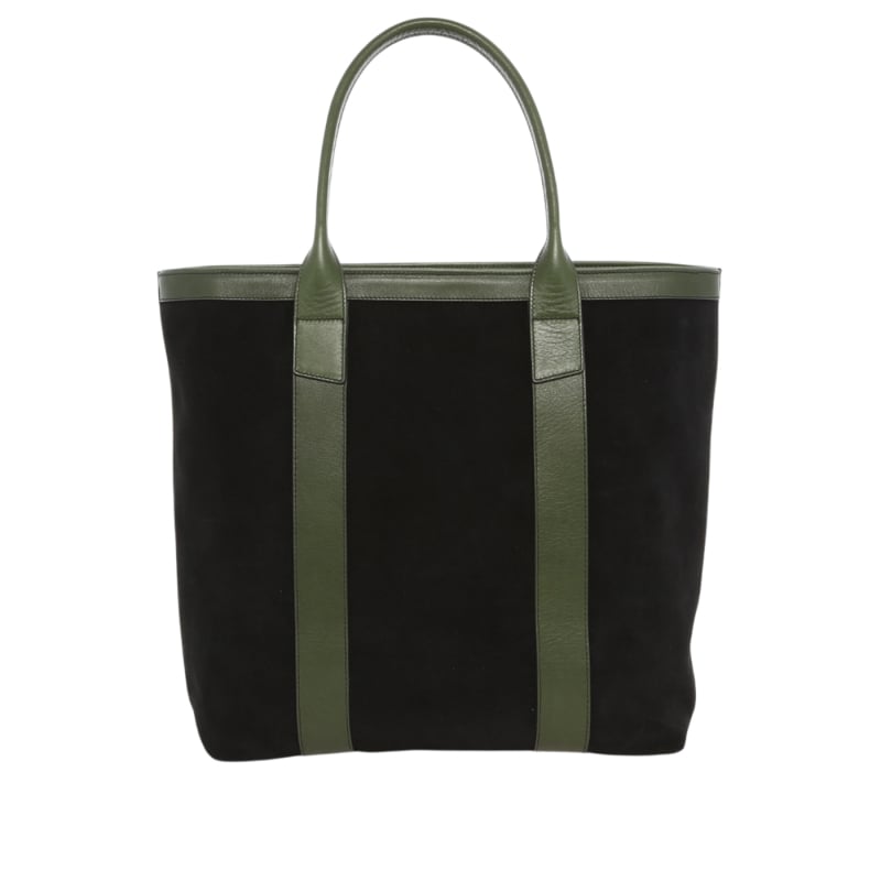 Tall Tote - Black/Green - Suede - Tumbled Leather - Zipper Closure -  Royal Blue Tweed Sunbrella in 