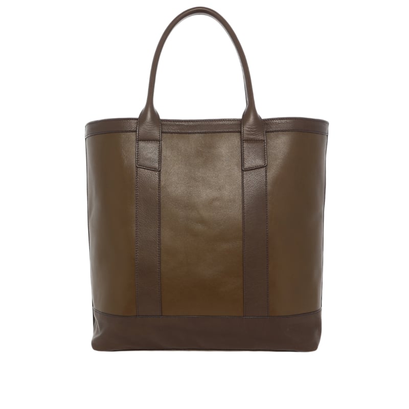 Tall Tote - Olive/Grape LeafTumbled Leather - Zipper Closure -  Dubonnet Tweed Sunbrella in 