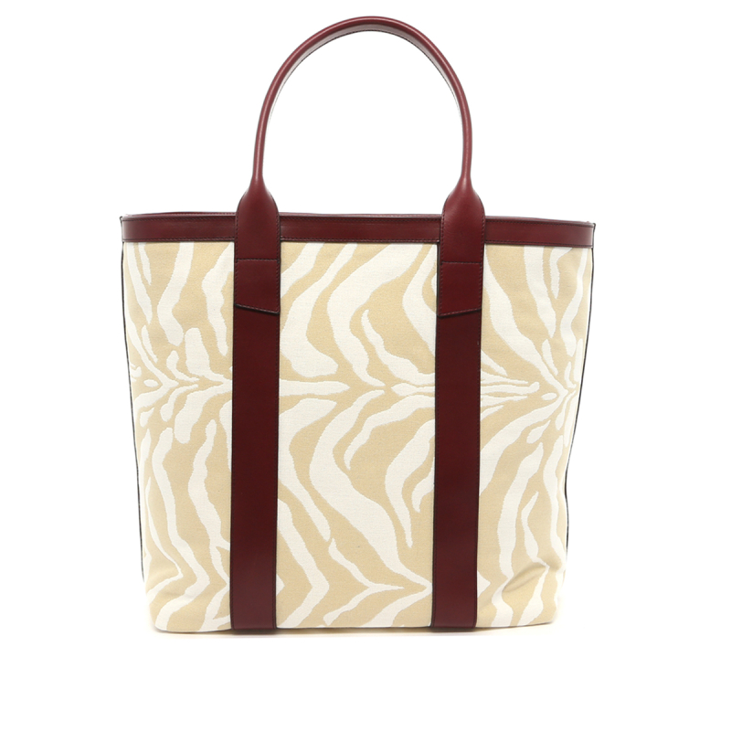 Tall Tote - Beige/Cream Zebra Canvas - Burgundy Trim in 